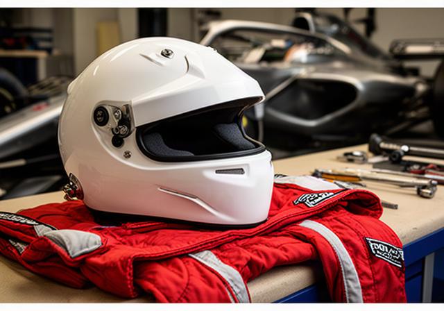 Close-up van een witte racehelm en rood racepak op een werkbank naast een raceauto