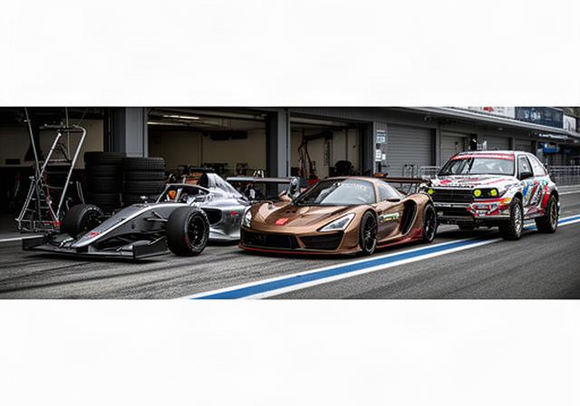 Verschillende raceauto's naast elkaar op een pitlane, met een open eenzitter, GT-auto en rallyauto zichtbaar